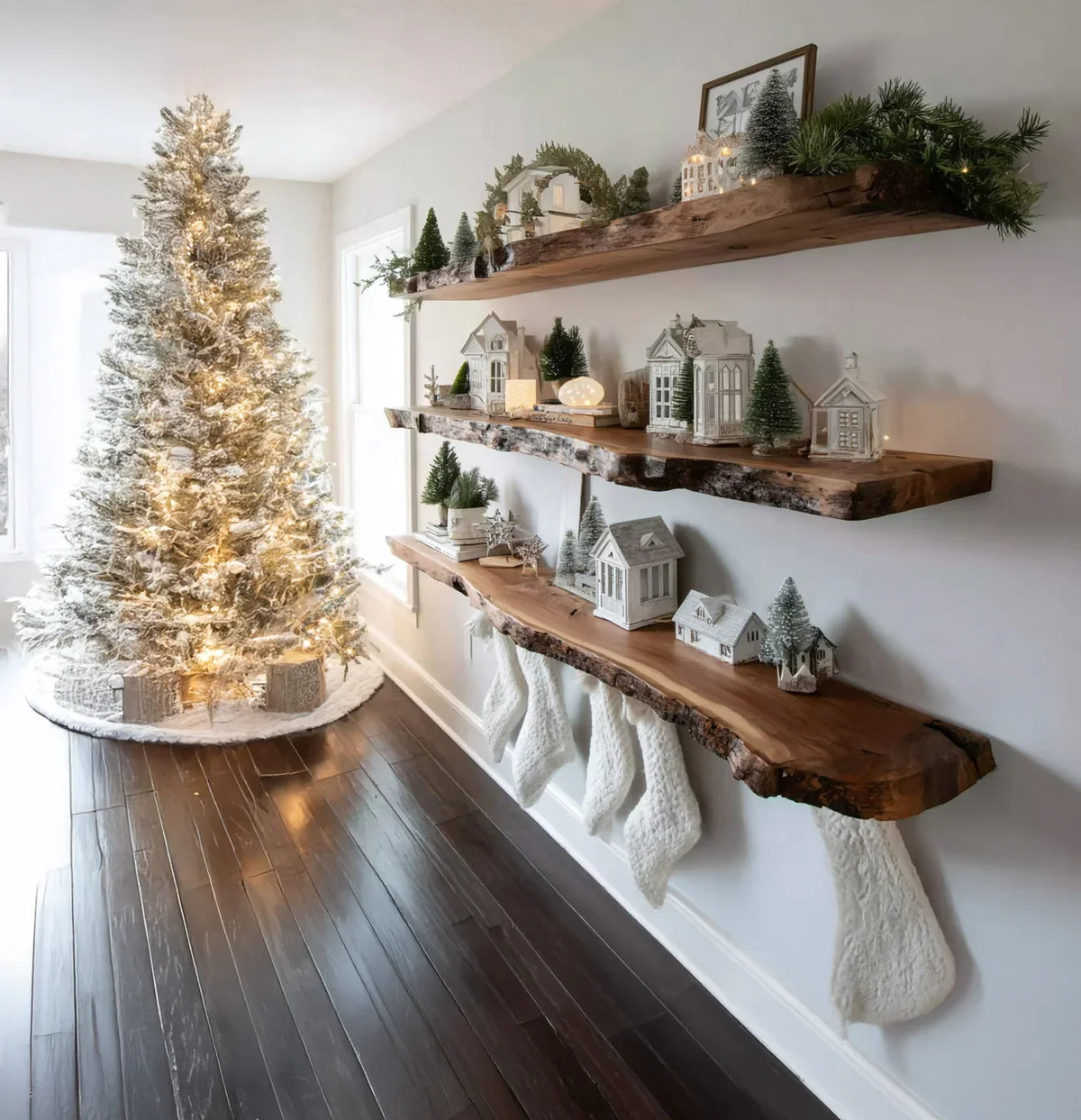 Cozy Christmas scene with lit snowy tree and wooden shelves displaying white miniature houses, trees, and white knit stockings