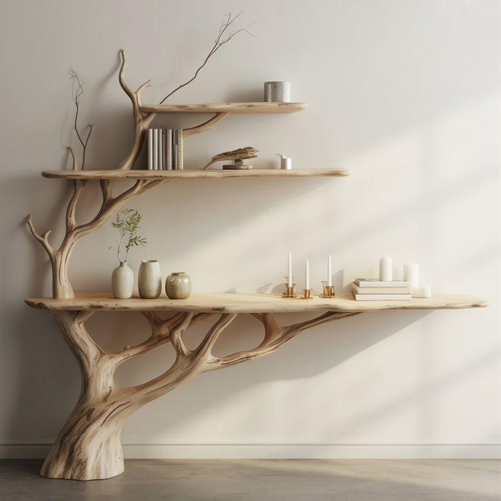 Live Edge Wood Console Table with Tree Branch Shelves – Handmade Hallway Table