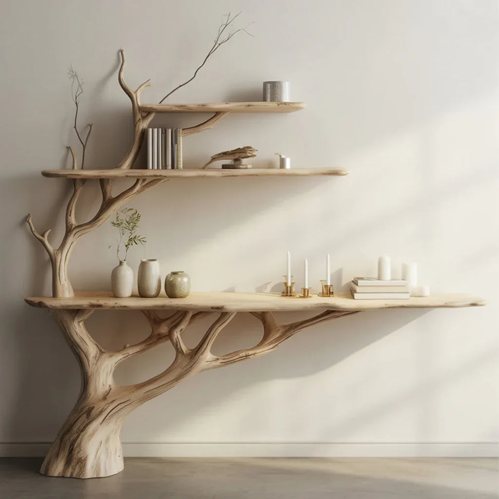 Sustainably crafted tree bookshelf with live edge wood and minimalist decor in a modern room