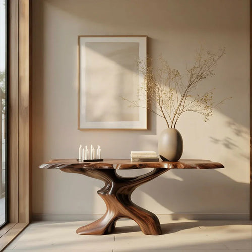 Modern Live Edge Console with Tree Branch Base – Organic Wood Media Cluster