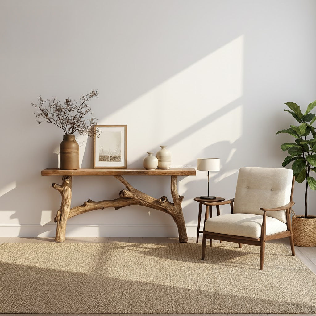 Minimalist living room with wooden branch console table, beige armchair, side table, and green plant