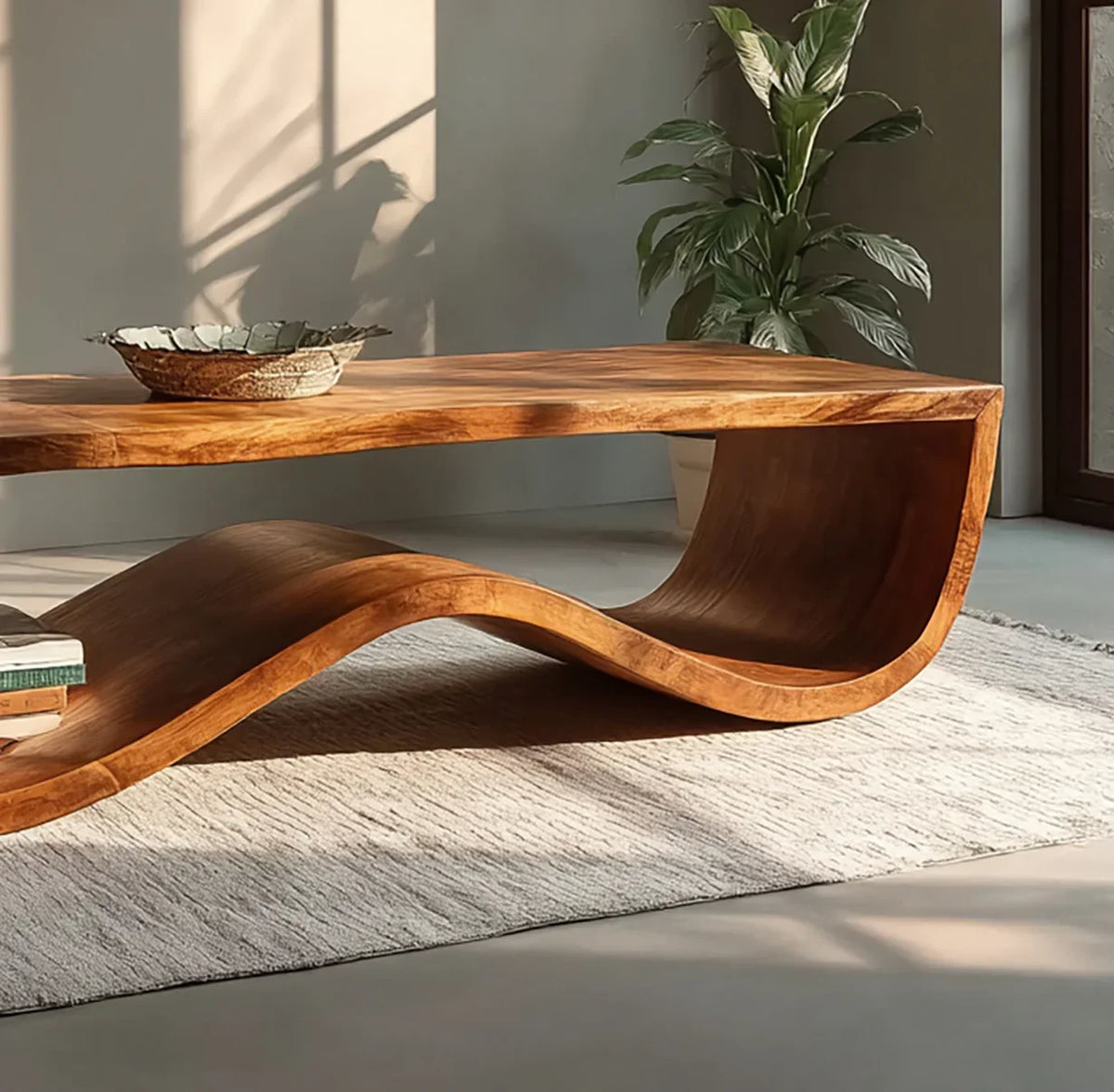 Live edge solid wood coffee table with a wave design, on a neutral rug in a sunlit room.